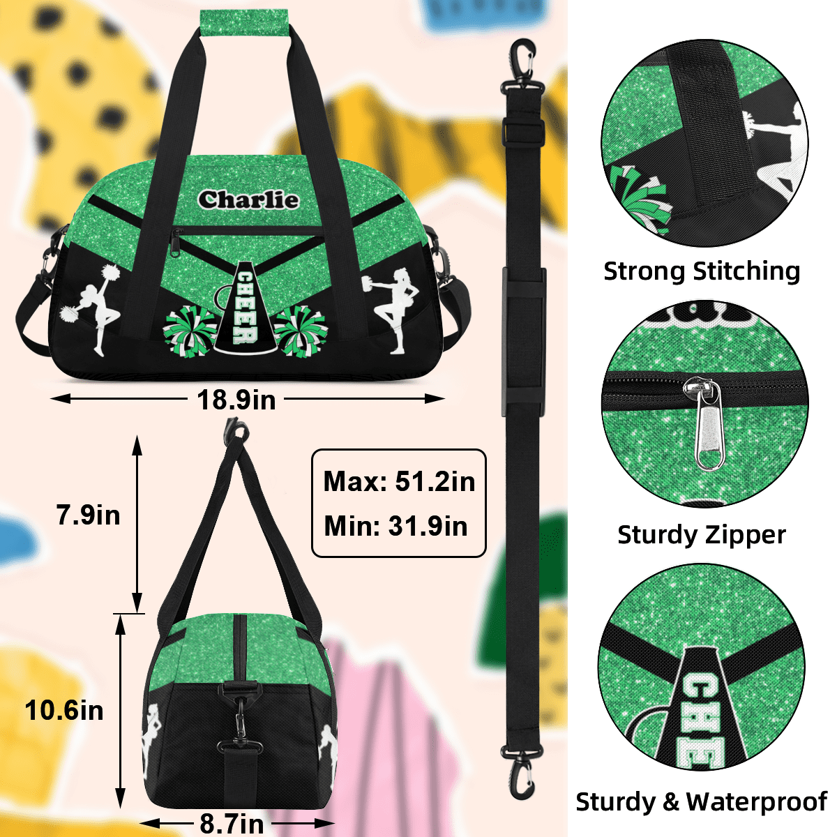 Herdesigns Personalized Cheer Duffel Bag Cheerleaders Gym Bags with Name, Custom Dance Perform Training Sport Bags for Overnight Weekender Travel Green
