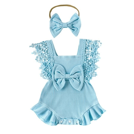 

Thaisu Baby Girls Summer Romper Infant Lace Sleeve Round Neck Ruffle Romper with Headband