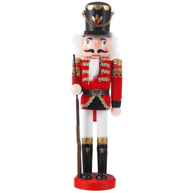 CIMAXIC Nutcracker Soldier Puppet Ornament Wooden Nutcracker Soldier Figure Decor, measuring 11.81 inches tall, 3.35 inches wide, and 2.76 inches deep. The colorful design features a festive walnut soldier with a painted red uniform, black boots, and a black hat adorned with gold accents. Made from premium wood, it showcases fine craftsmanship with smooth surfaces and intricate details, including a rifle and decorative embellishments. Ideal for Christmas indoor decorations, holiday decor, or as a gift for children.