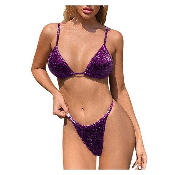 Staron Women's Sheer Bikini Swimsuit Solid Print V Neck Filled Bra Beach Vacation Pool Party Two Piece Set, Purple S