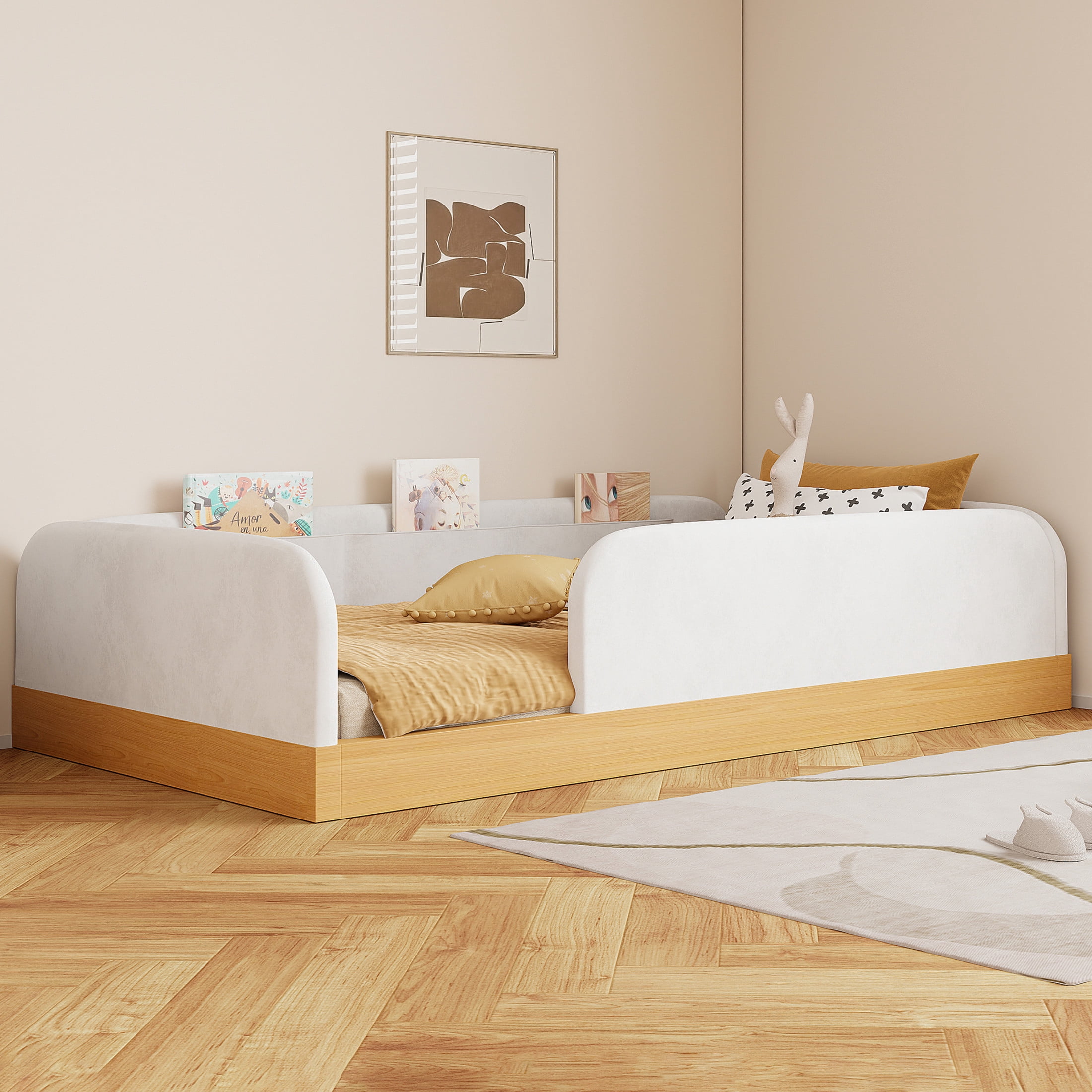 Noble House Twin Size Velvet Upholstered Platform Bed with Safety Guardrail and 3 Storage Bags, Kid Bed Frame, Natural