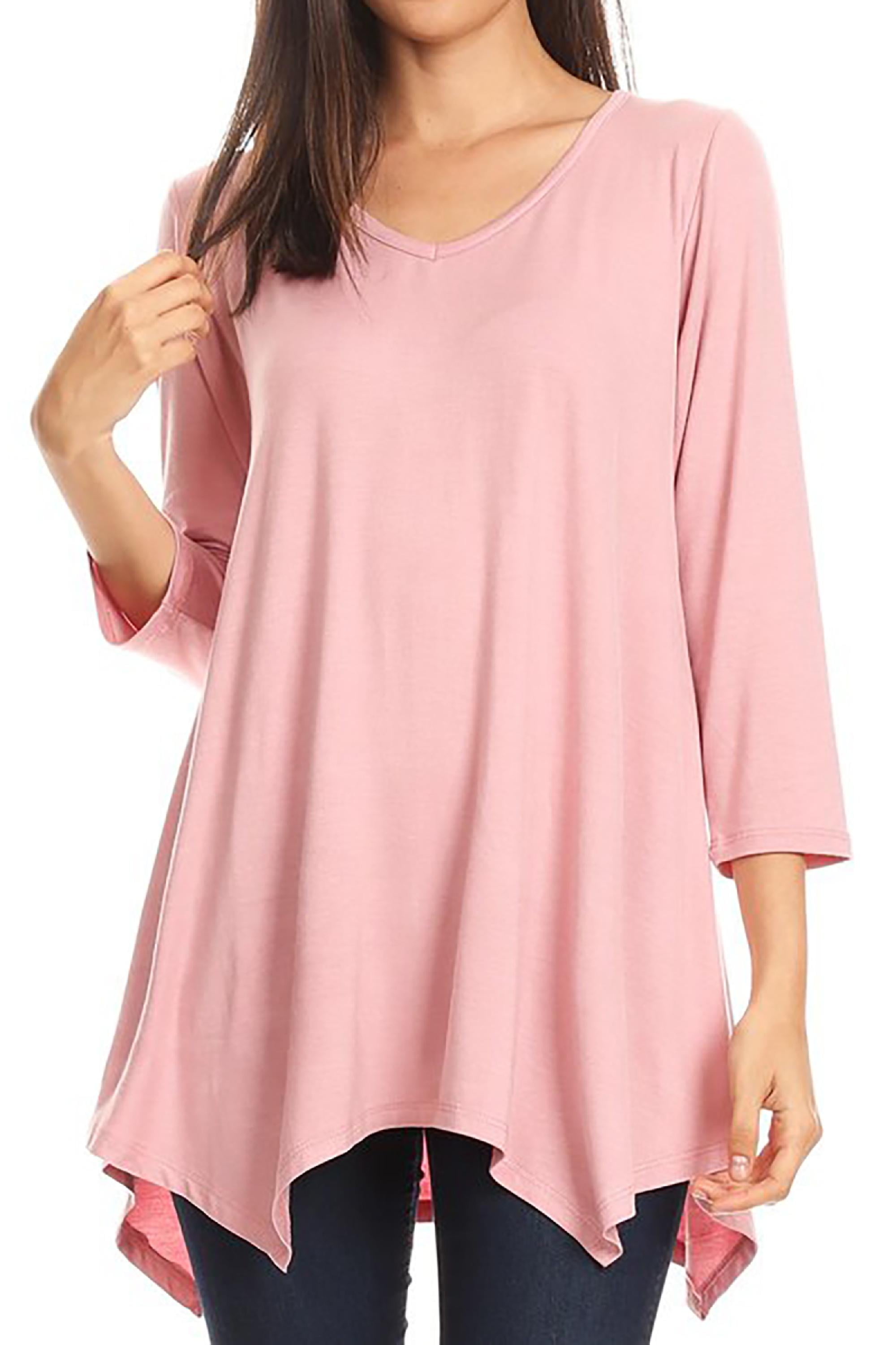 Women's Knit Tunic Tops Asymmetrical 3/4 Sleeve Shirts VNeck Flowy