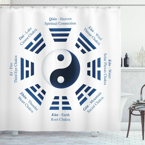 Ambesonne Yin Yang Shower Curtain, Trigrams I-Ching Names, 69"Wx70"L, Navy Blue White