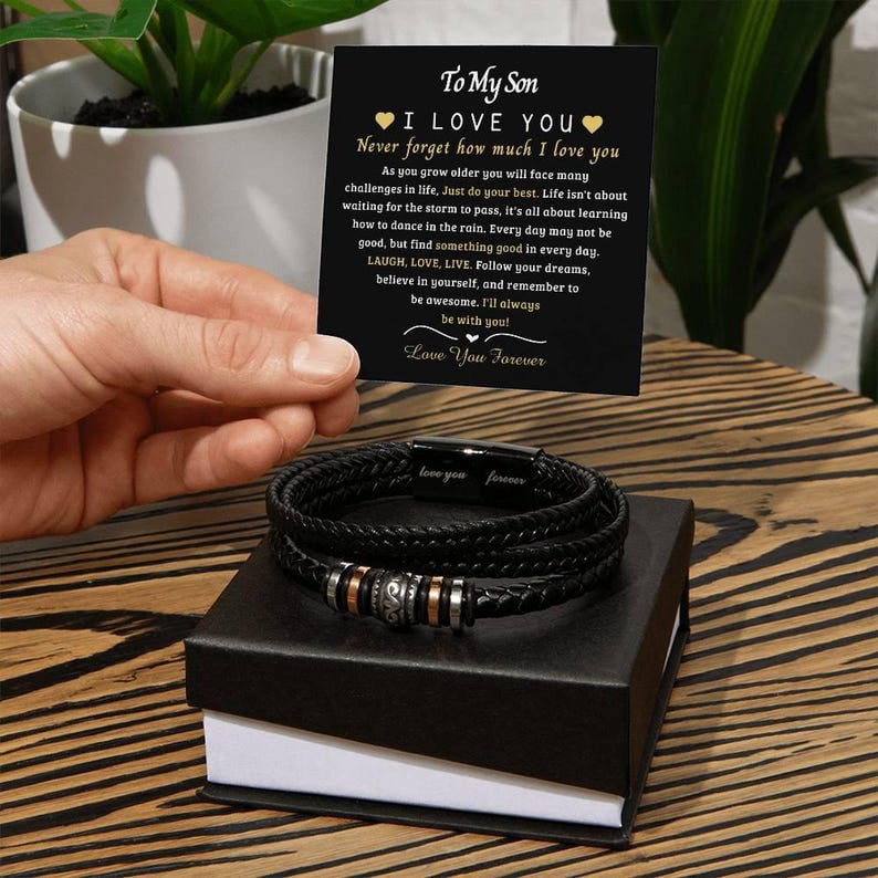 Personalized To My Son Bracelet From Mom and Dad, Son Bracelets From Mother Father, Christmas Birthday Graduation Gifts for Boys Men with Message Card and Gift Box