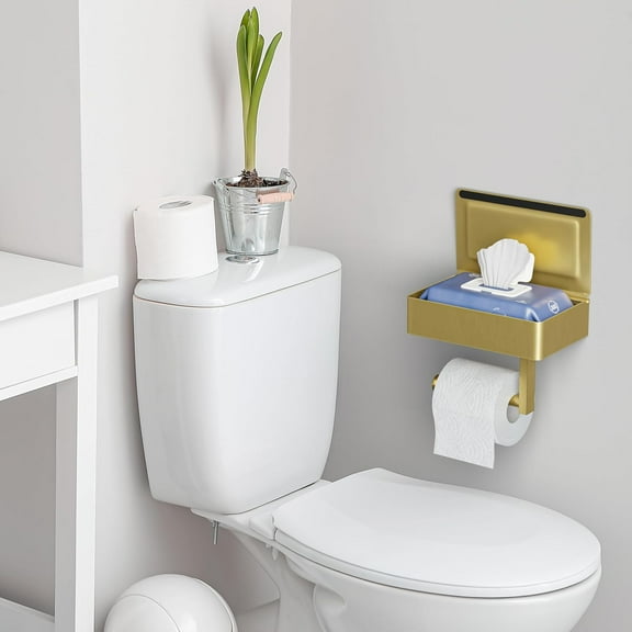 Self-Adhesive Toilet Paper Holder with Shelf & Wipes Storage - Brushed Gold Stainless Steel Modern Bathroom Tissue Holder