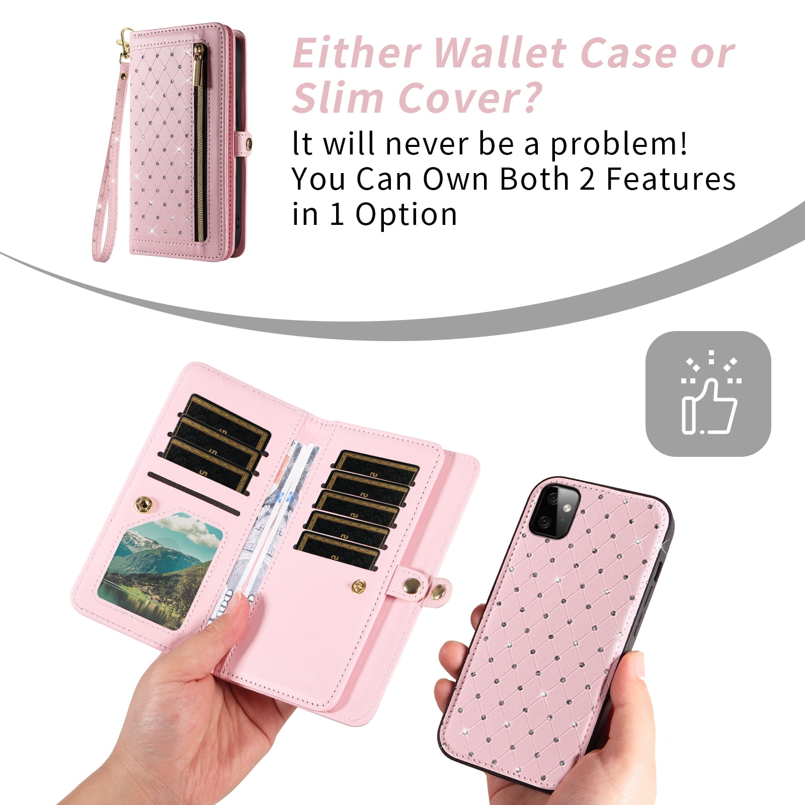 Asuwish Phone Case for Motorola Moto G Power 5G 2023 Zipper Wallet Detachable Cell Cover with Tempered Glass Screen Protector Crossbody Lanyard Strap Glitter Flip Card Holder Slot GPower Women Pink