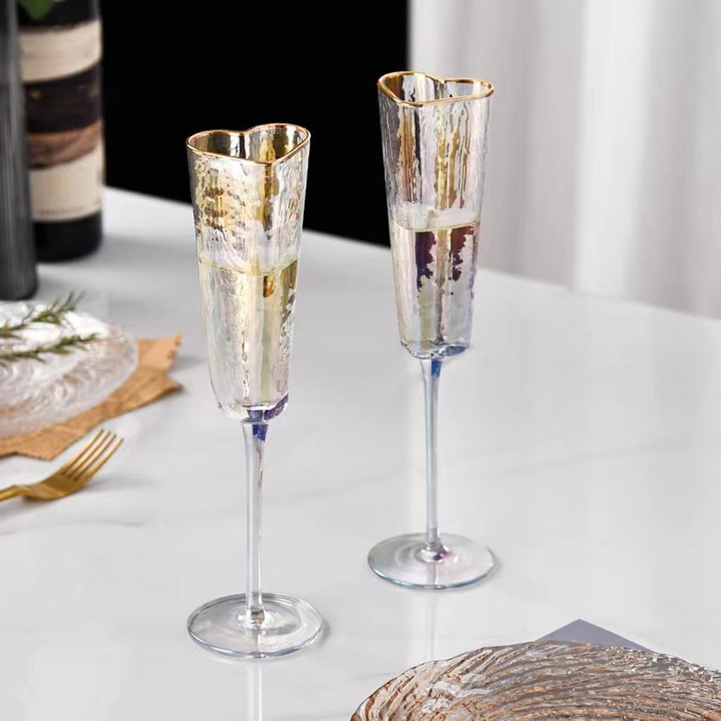 hejhncii 2Pcs Champagne Flute Goblet Elegant Heart Shape Gold Rimmed Glass Cup Drinkware