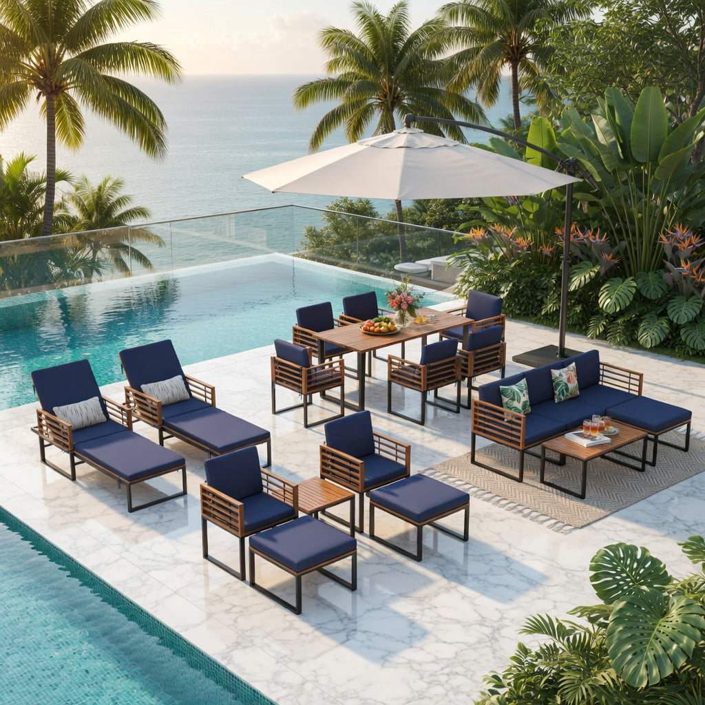 Hommoo 3-Piece Acacia Wood Patio Conversation Set with Cushioned Armchairs & Matching Coffee Table, Rust-Resistant Metal Frame, Removable Washable Covers, Ideal for Deck, Balcony & Porch, Navy