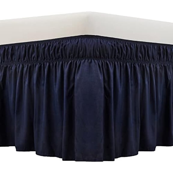Wrap Around Bed Skirt Three Fabric Sides Elastic Dust Ruffled 24 Inch Tailored Drop,Easy to Install Fade Resistant-Navy Blue, Queen/King