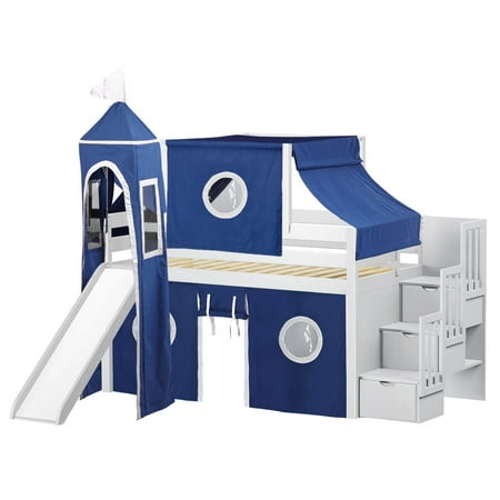 JACKPOT! Castle Low Loft Stairway Bed with Slide Blue & White Tent and Tower Loft Bed Twin White