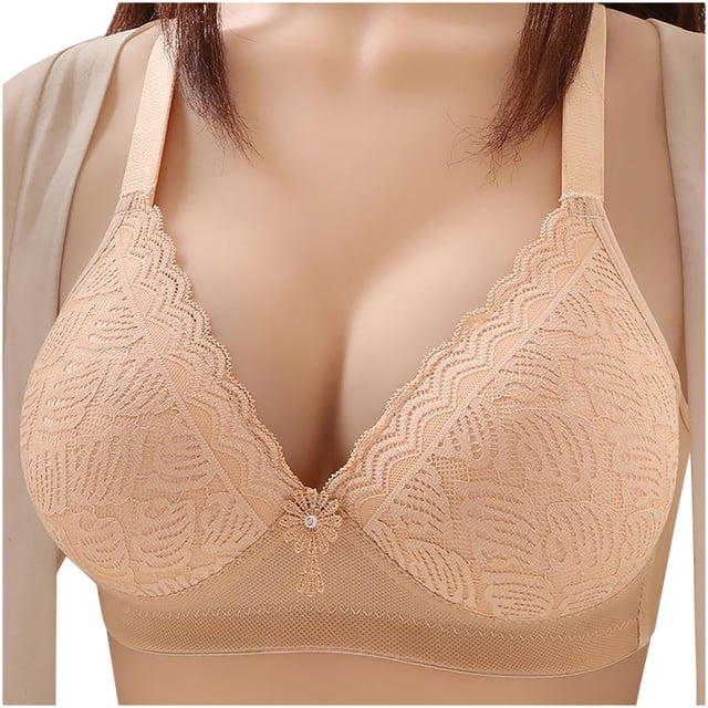 Timegard Wireless Bras for Women with a V-neck lace design, adjustable straps, and full support. Crafted from breathable, stretchy fabric for comfort and elasticity retention. The bra is displayed in a neutral beige tone, showcasing its intricate lace pattern and padded interior for enhanced support. Ideal for pairing with dresses, tank tops, and sweaters, offering all-day comfort.