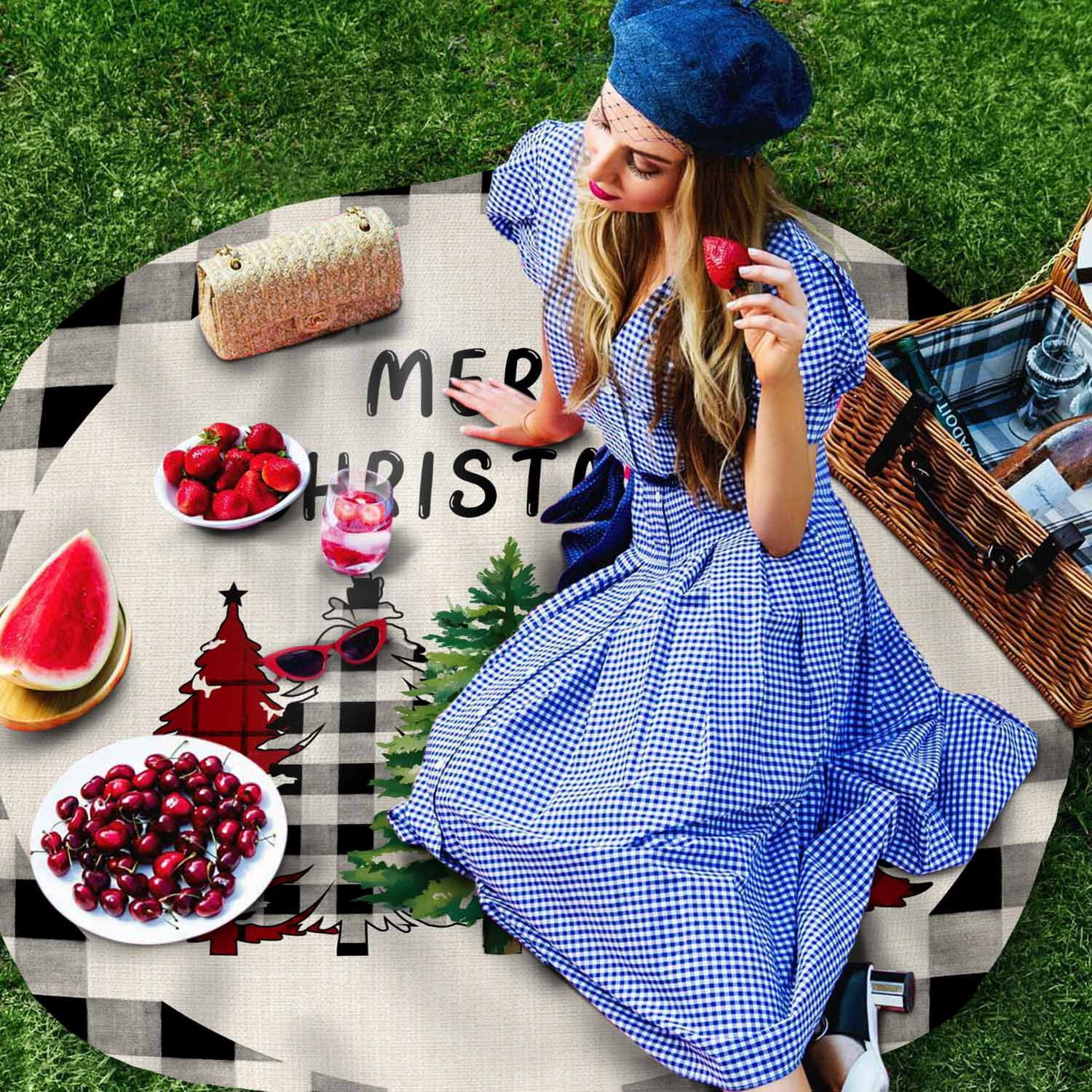 Round Tablecloth Merry Christmas Waterproof Oil Proof Polyester Table Cloth Cover Decor for Home Dining Outdoor,Patio,Parties, 60" Dia. Farmhouse Plaid Christmas Tree