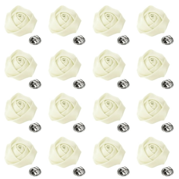 Uxcell 16 Pcs Flores de Solapa para Trajes de Hombre, Pin de Solapa de 2 Pulgadas para Hombres, Rosas de Tela Satinada Artificial, Boutonnieres para Bodas, Fiestas, Ceremonias, Crema