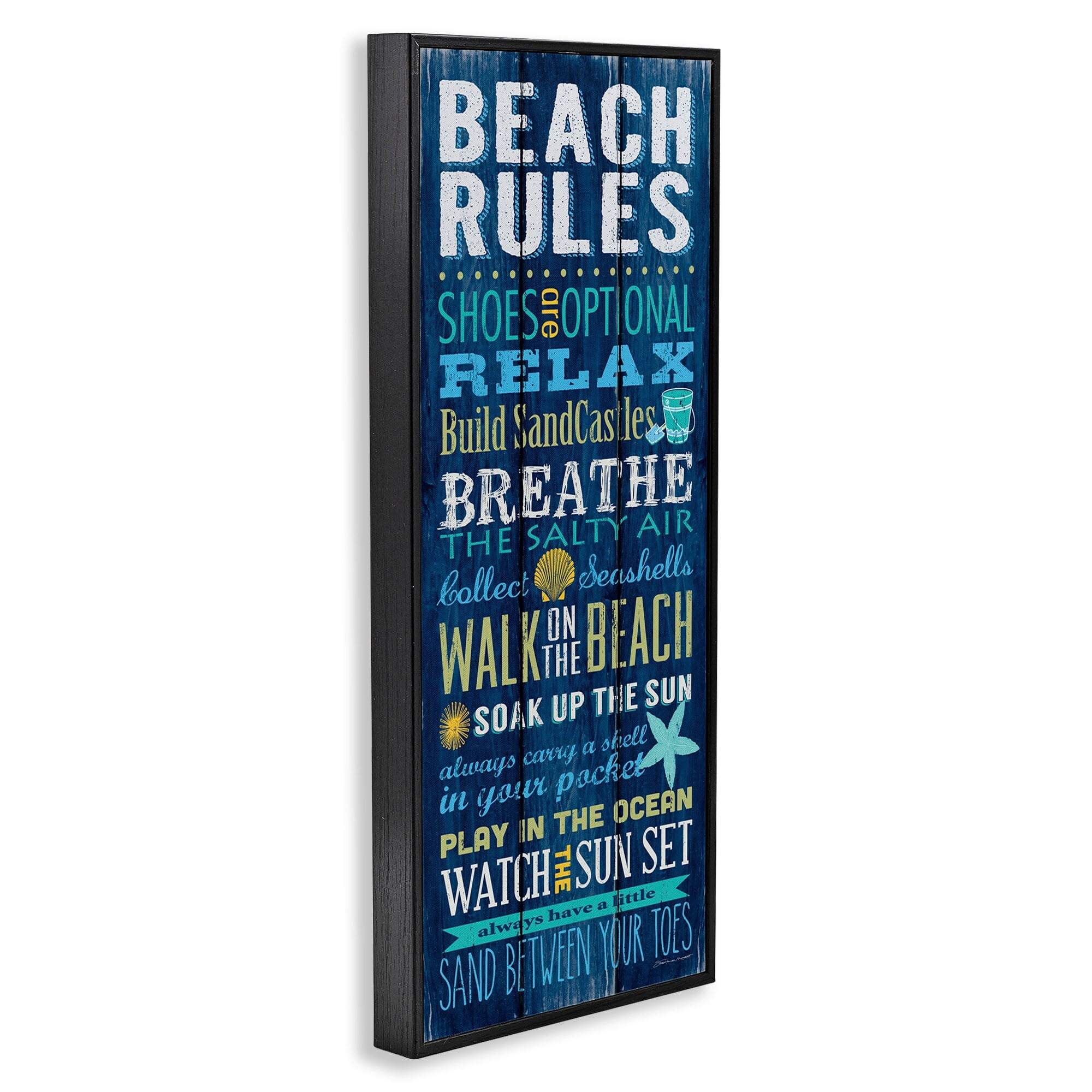 Stupell Industries Beach Rules Sign Blue Planked Pattern Motivational Phrases, 13 x 30, Design by Stephanie Workman Marrott