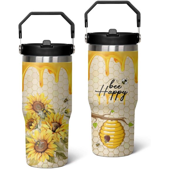 30 Oz Bee Tumbler with Handle Large Insulated Coffee Mug, Flip & Straw, Stainless Steel Gifts for Women, Men, Youth, Ideal for Hot & Cold Beverages