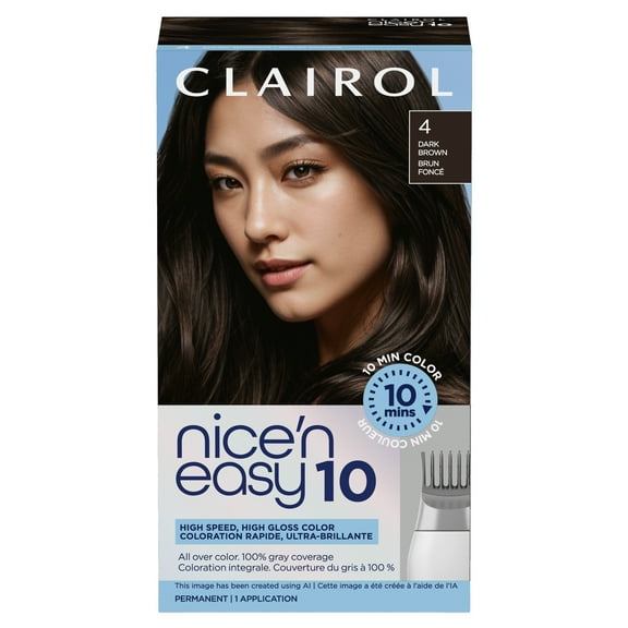Clairol Nice'n Easy10 Permanent Hair Color Cream, 4 Dark Brown, Hair Dye, 1 Application