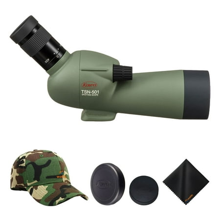 Kowa TSN-501 20-40x50 Angled Spotting Scope Fully Multi-Coated Lenses Compact & Lightweight Design with Waith Adjustable Baseball Hat (Camo) and Waith Microfiber Cleaning Cloth (Advance Bundle Set)