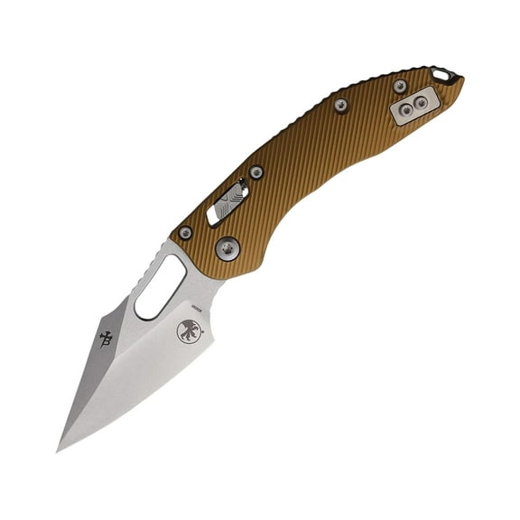 Microtech Stitch S/E Pocket Knife 3.7" Wharncliffe Bohler M390MK Stonewashed Blade Fluted Aluminum Handle Tan