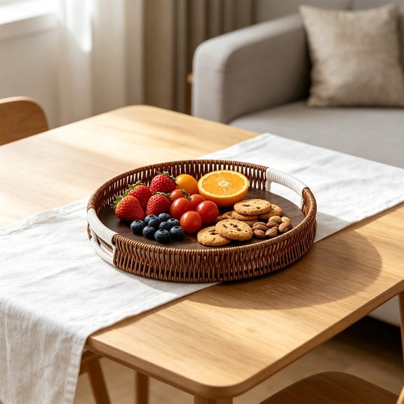 Round Woven Style Storage Tray Decorative Serving Basket Imitation Rattan Organizer for Coffee Table Fruit Home