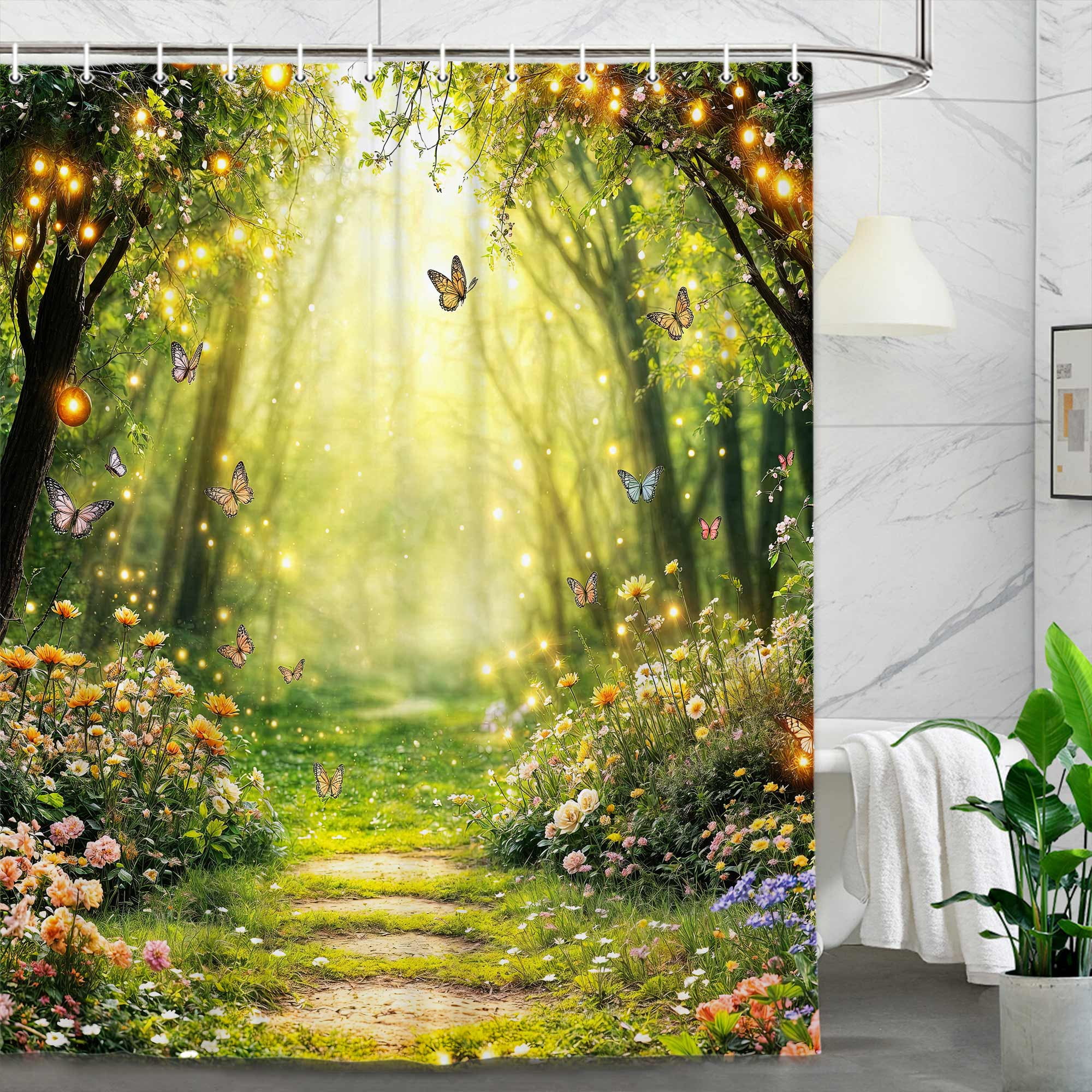 Enchanted Forest Shower Curtain, Fairy Garden Magic Wonderland Butterfly Jungle Girls Bathroom Decorative Curtain, Rustic Natural Scenery Waterproof Fabric Shower Curtain Sets with Hooks, 72X72in