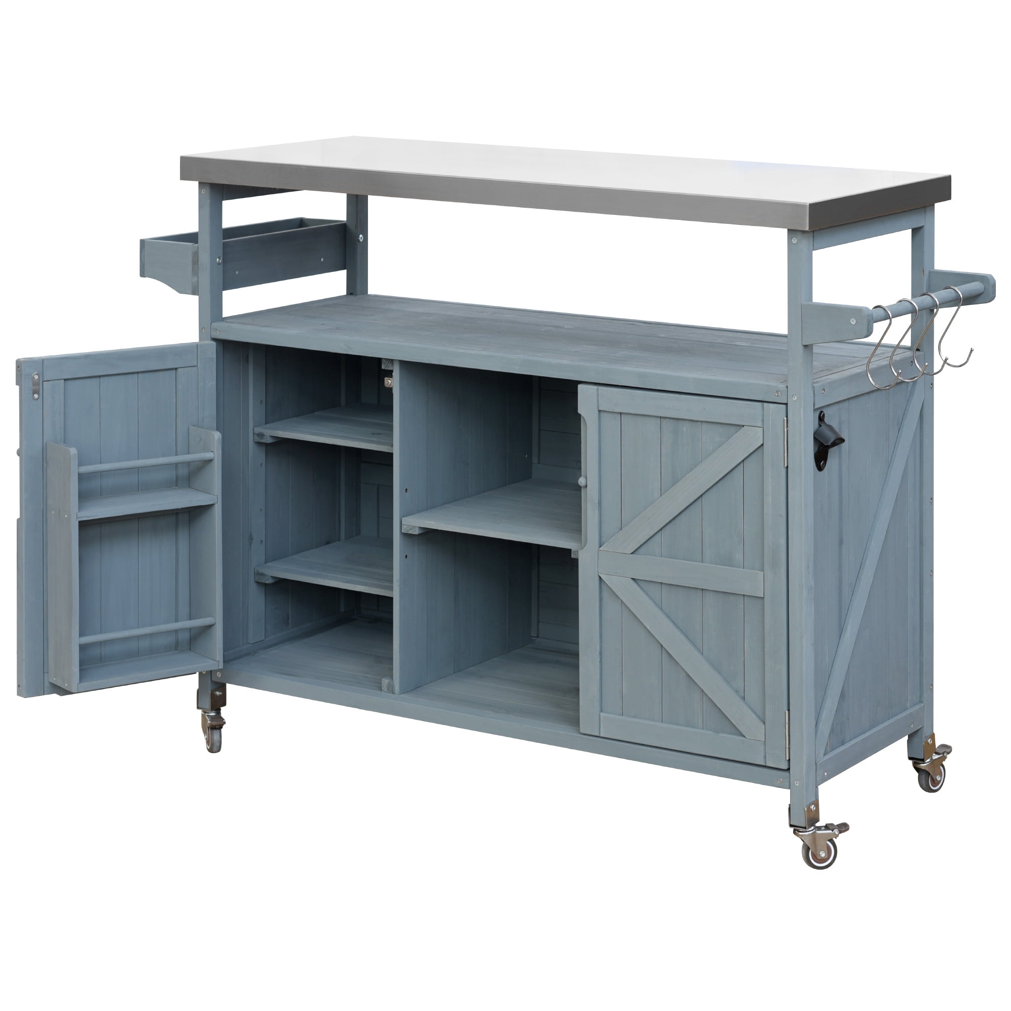 Outdoor Kitchen Island with Stainless Steel Top, Rolling Grill Cart with Storage Cabinet, 4 Locking Wheels, Adjustable Shelves, Spice Rack & Towel Holder, Grey Blue