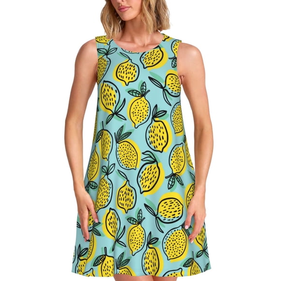 Bixox Lemon Print Women's Sleeveless A-Line Dress with Pockets, Casual Knee-Length Tank Dress for Summer-Medium