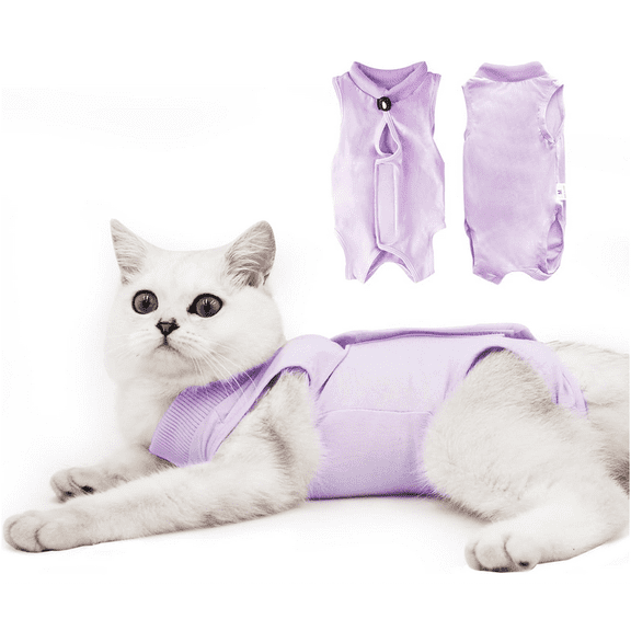 Cat Recovery Suit Post-Surgery, Breathable Cone-of-Shame Alternative Bodysuit for Spayed Female Kittens, Skin Abdonminal Wound Care (Purple,L)