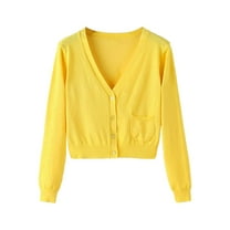 Kaemgyyd Cropped Cardigan Sweaters for Women Lightweight Long Sleeve V Neck Cute Tops Fall Trendy Button down Cardigan with Pocket