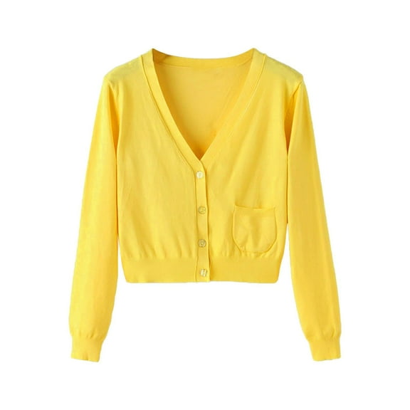 Kaemgyyd Cropped Cardigan Sweaters for Women Lightweight Long Sleeve V Neck Cute Tops Fall Trendy Button down Cardigan with Pocket