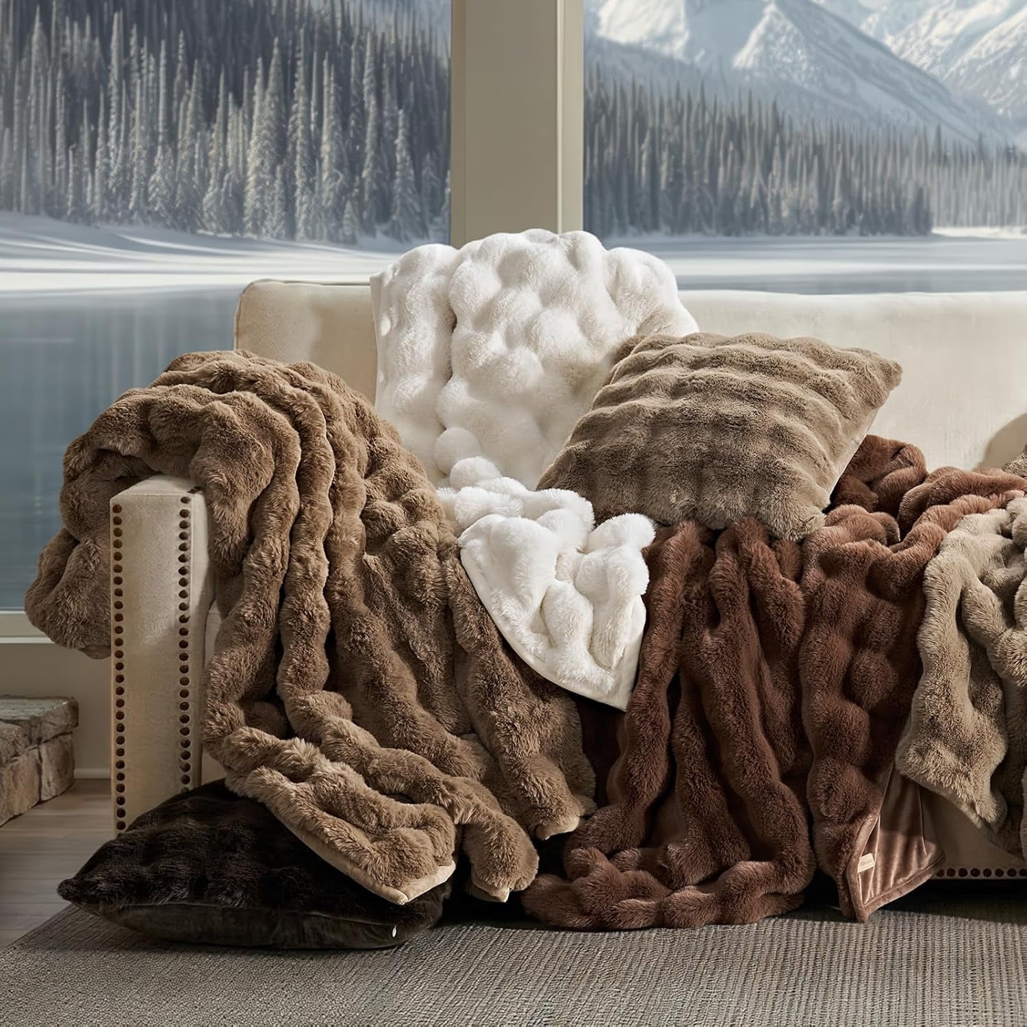EverGrace Ultra Soft Luxury Fluffy Faux Rabbit Fur Throw Blanket, Thick Warm Bubble Throw for Bed, Cozy Plush Reversible Blankets for Couch, Chair, Sofa, Chestnut, 50x60 Inches