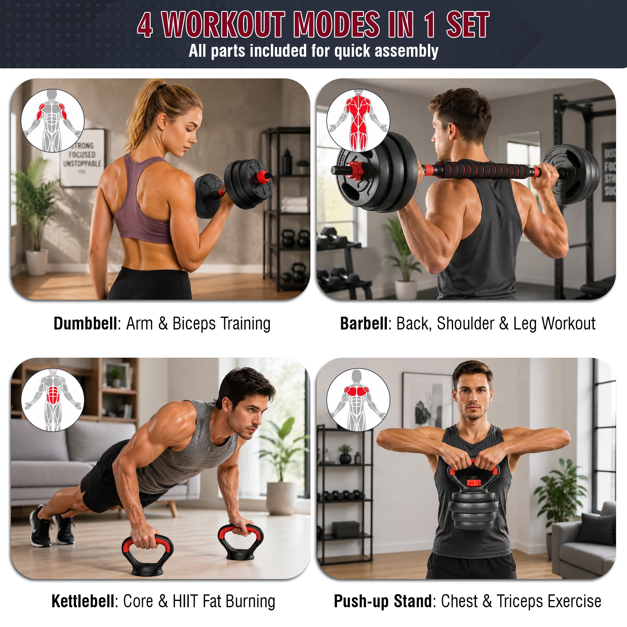 Leumius Adjustable Dumbbell Set,66LBS 4-in-1 Adjustable Weights Dumbbells, Barbell, Kettlebells with Anti-slip Silicone Grip,Weight Set for Home Gym Suit both Men and Women,Black