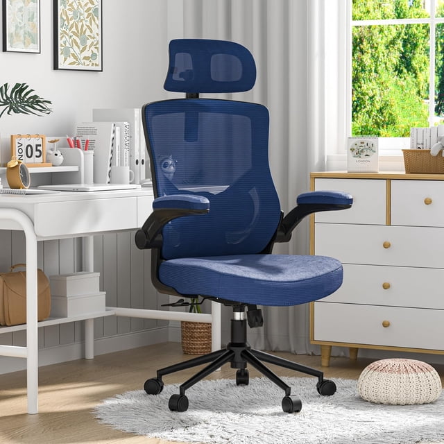 Ergonomic Office Chair with Adjustable Headrest & Lumbar Support - Back Desk Chair with Flip-Up Arms Swivel Executive Computer Task Chair