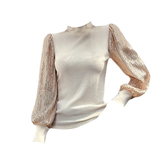 Suéteres Prolriy para mujer, blusas de lentejuelas brillantes, blusas de manga larga con lentejuelas, blusas elegantes para fiestas, ropa de club, suéteres para mujer, blusas para mujer, beige XL
