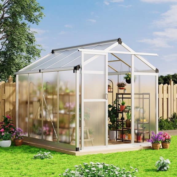 6x8 FT Greenhouse - Aluminum Greenhouses for Outdoors, Large Polycarbonate Greenhouse with Roof Vent, Heavy Duty Walk-in Green Houses for Outside Garden, Backyard, Patio, Lawn, Easy Assembly