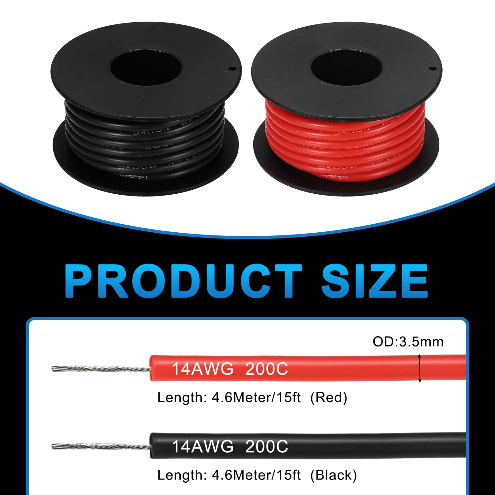 Uxcell 2pcs 14 AWG Silicone Electrical Wire Spool, 14 Gauge 4.6m/15ft Electrical Wires, 600V 200C Tinned Copper Stranded High Temp Battery Wire for Automotive, RV Inverter - Red & Black