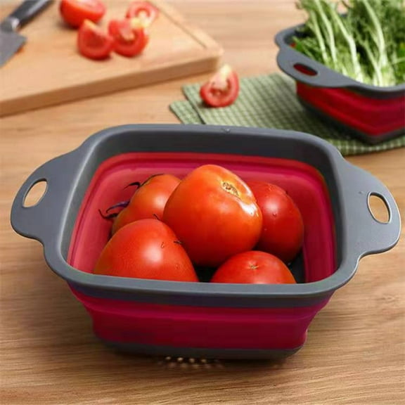 Silicone Square Folding Vegetable Fruits Washing Drain Basket Collapsible Colander Strainer Basket Kitchen Food Gadgets (Red,35X26X10CM)