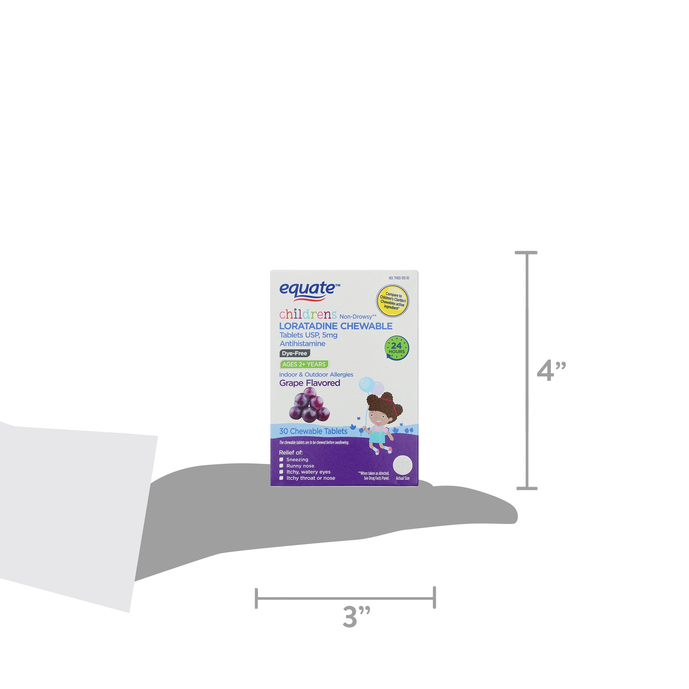 Equate Children's Non-Drowsy Loratadine Antihistamine Chewable Tablets, Grape Flavor, 5 mg, 30 Count