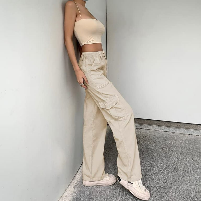 QYANGG High Waist Cargo Pants Women Stretch Baggy Cargo Pants Women  Multiple Pockets Relaxed Fit Straight Wide Leg Y2K Pants Beige at   Women's Clothing store