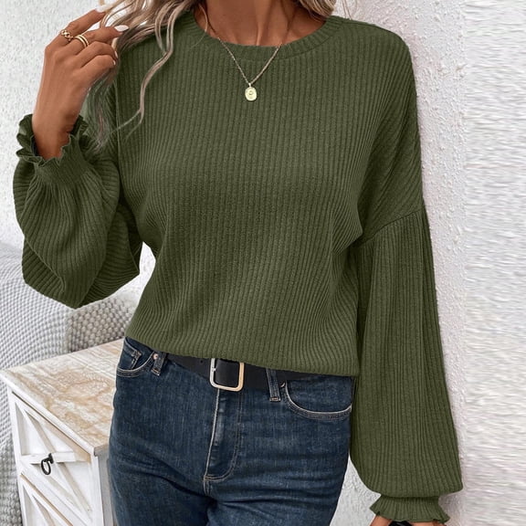 Zedker Elegant Lace Sleeve Round Neck Casual Long Sleeve Shirts for Women Fashion Loose Pit-Striped Versatile Tops for Fall and Winter,Army Green,L