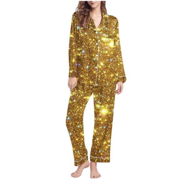 QSAWXQZ Women's 2 Piece Pajama Set Glitter Print Button Down Long Sleeve Lapel Elastic Waist Pants Sleepwear Set Sparkly Loungewear PJs with Pockets L