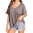 thumbnail image 5 of Summer Rolled Short Sleeve Women V-neck Solid Color Casual Loose T-shirt Tops, 5 of 7