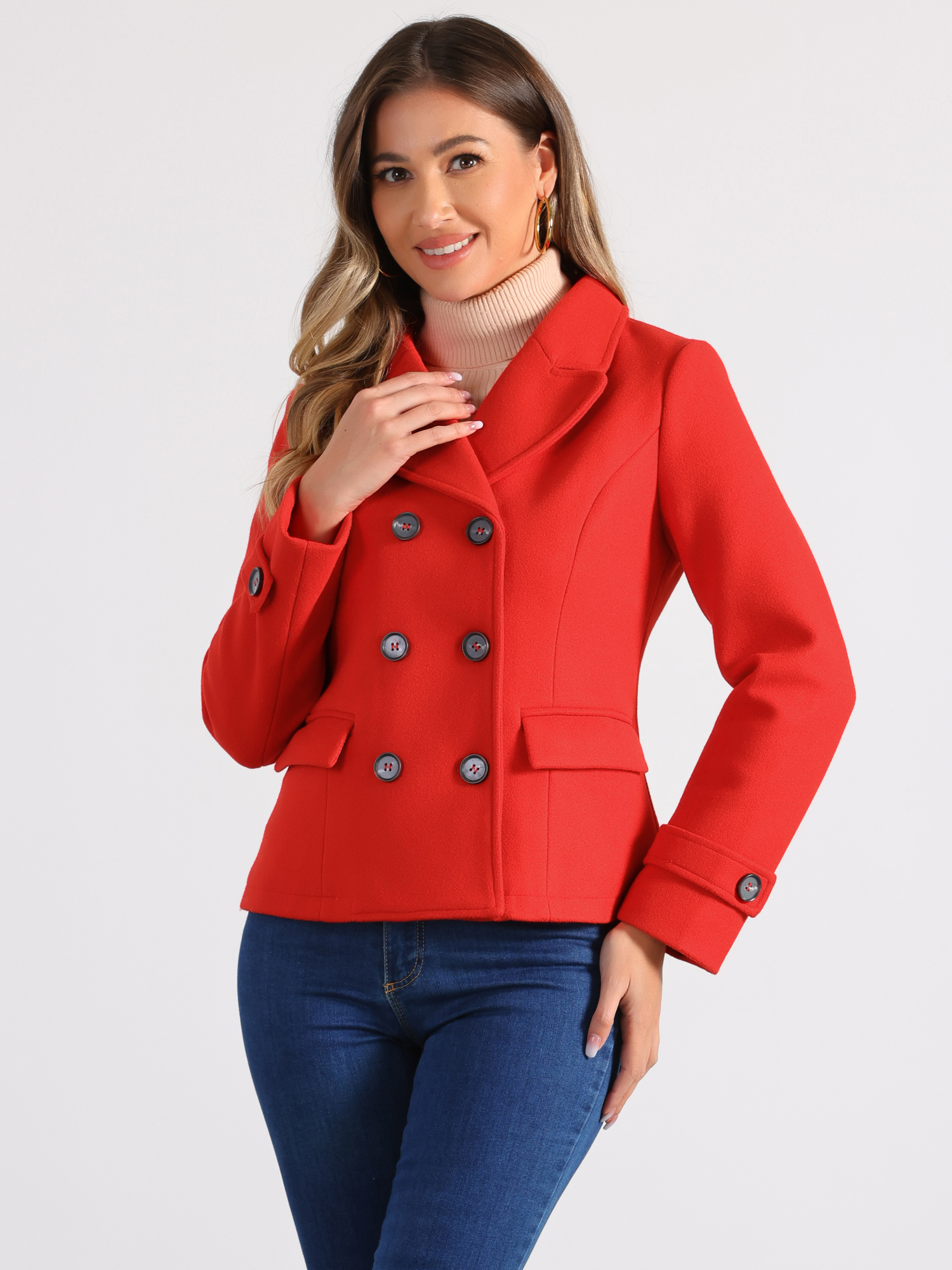 DARING DIVA Women's Notched Lapel Outerwear Double Breasted Coat Red XL