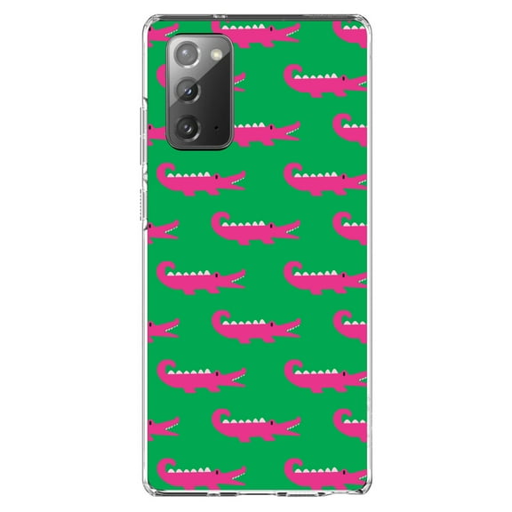 DistinctInk Clear Shockproof Hybrid Case for Galaxy Note 20 ULTRA (6.9" Screen) - TPU Bumper, Acrylic Back, Tempered Glass Screen Protector - Green Pink Alligators - Cartoon Alligators