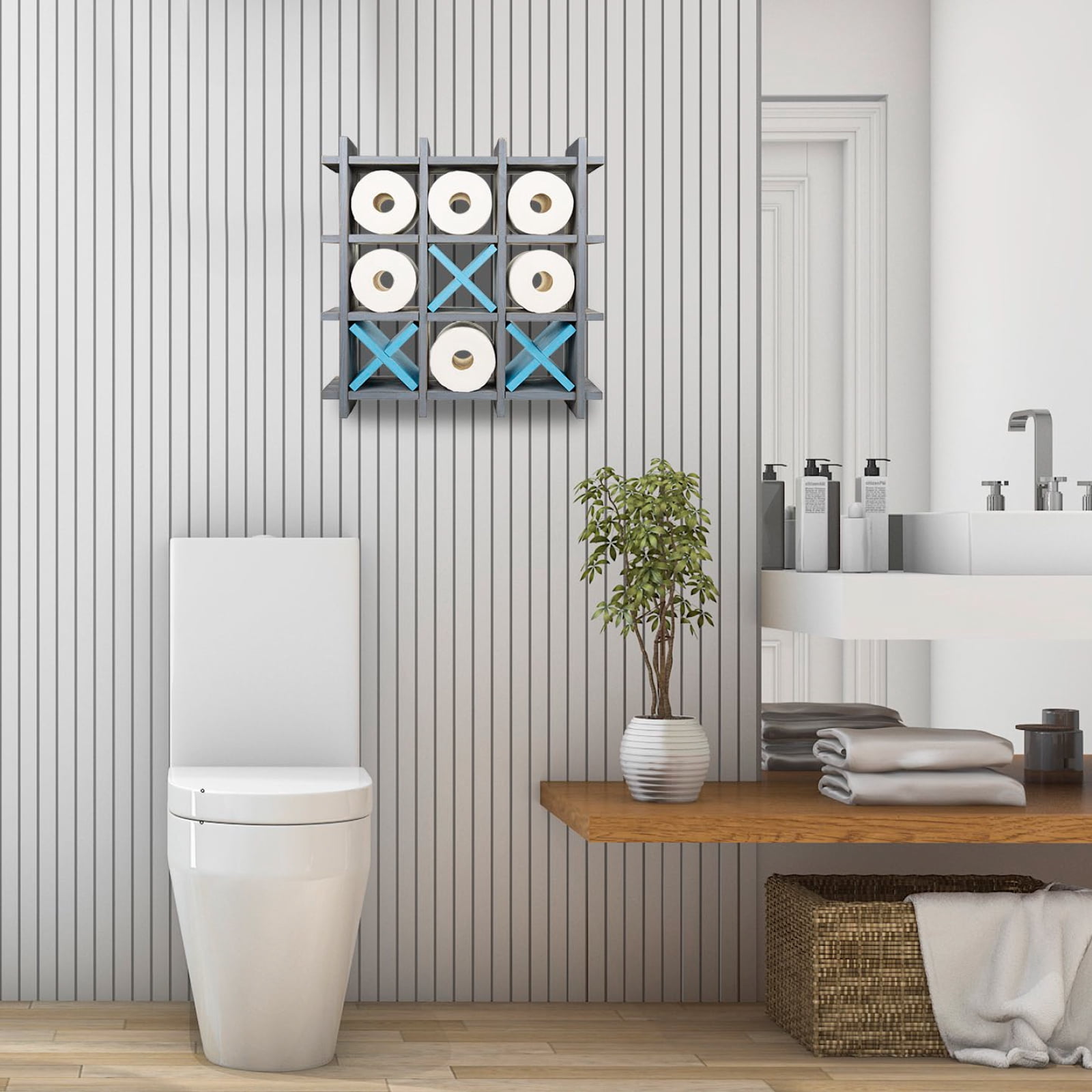 Excello Global Products Gray Wooden Toilet Paper Holder: Tic Tac Toe Design for Wall Mounted or Freestanding Bathroom Tissue Roll Storage Organizer - EGP-HD-0162A-OS