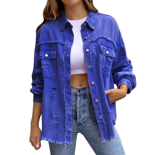 Bmisegm Veste en Denim Surdimensionnée Tendance pour Femmes, Déchirée, Décontractée, Style Boyfriend Long, Veste en Denim Usée, Veste en Denim pour Femmes Bleu P