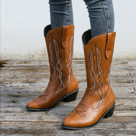 

Fall Outdoor Decorations Juebong Women s Shoes Fashion Retro Pointed Toe Mid-heel High-top Knight Boots Embroidery Boots