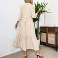 thumbnail image 4 of WTOBBY Women's Fashion Solid Color Notched Lapel 3/4 Sleeve Swing Dress, Casual Flowy Midi Dress with Wide Skirt for Spring Summer Elegance,Beige L, 4 of 7