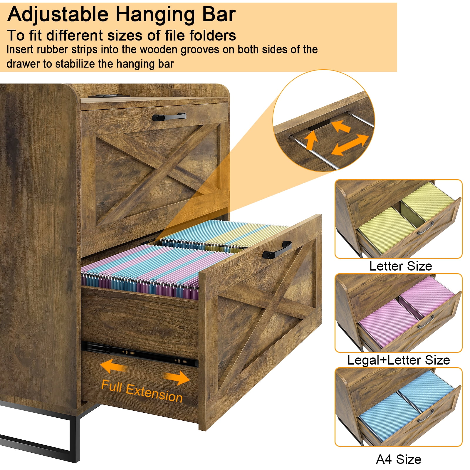 Lateral File Cabinet 2 Drawer File Cabinet with Charging Station for Legal/Letter/A4 Size Hanging Files, Large Wood File Storage Cabinets Printer Stand for Home Office Furniture, Rustic Brown