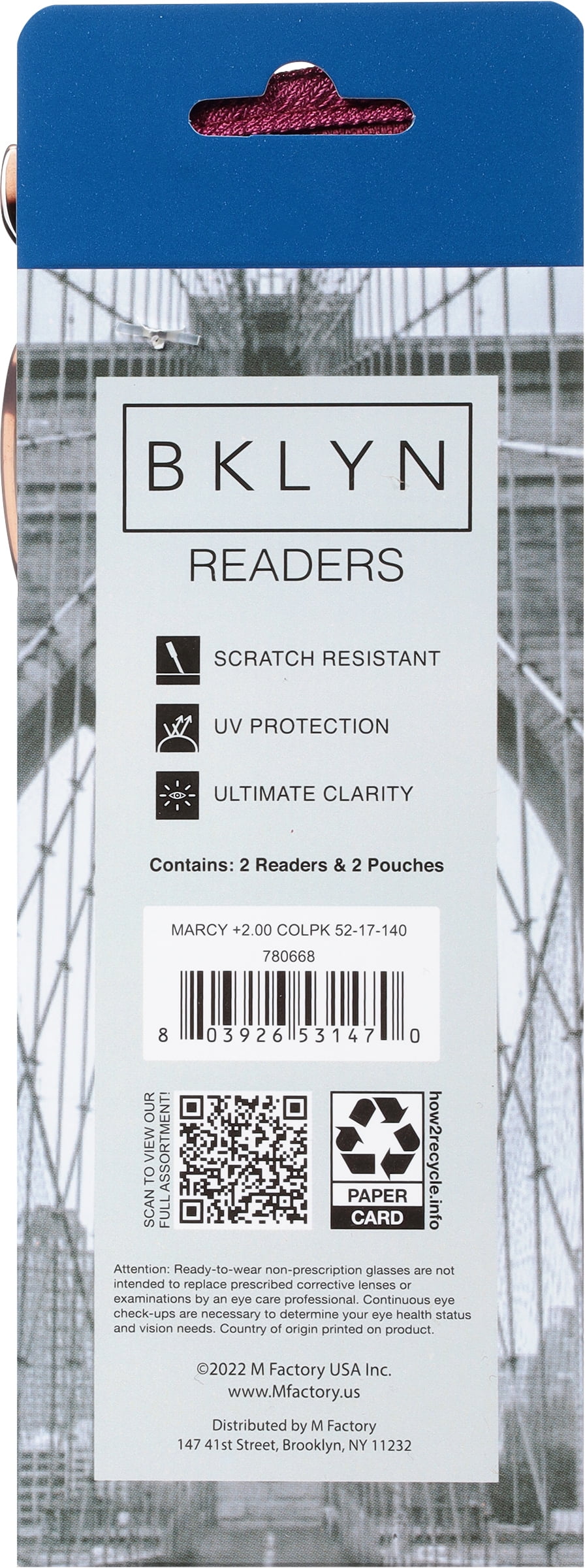 (2 pack) Bklyn, Marcy +2.00, Adult, Womens, Plastic Reading Glasses & Pouches Value Pack , 2 Ea