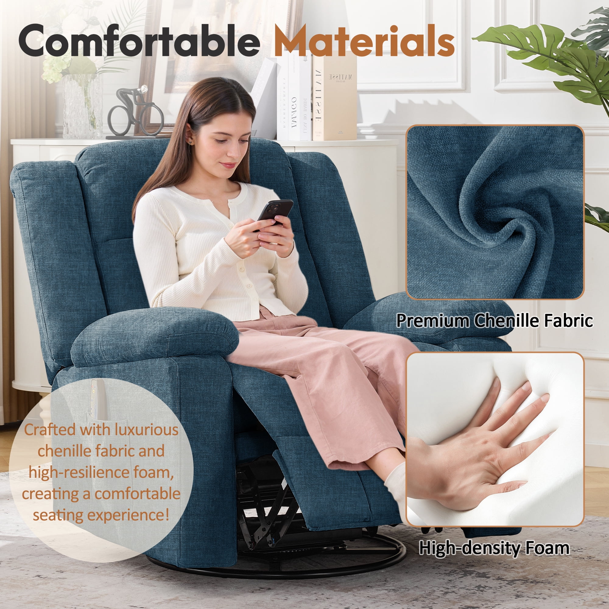 Korser 360°Swivel Rocker Recliner with Massage and Heating,Rocker Recliner Chair for Adults with Side Pockets Nursery Glider Recliner for Living Room,Chenille,Blue